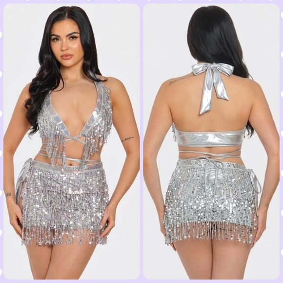 Bear Dance Other - NEW NWT SILVER COACHELLA Sequin Bikini Top And Fringe Bottom Festival Set large